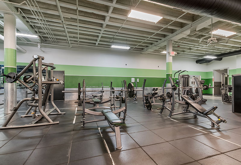 Weight room with bench press stations and chest press machine