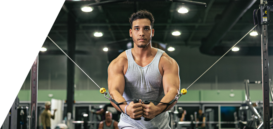 A muscular man wearing a gray tank top works out on a cable machine in a gym, focused amidst others exercising in the background. The well-lit gym, filled with equipment and mirrors, is bustling with energy, reminiscent of old memberships that brought people together for fitness.