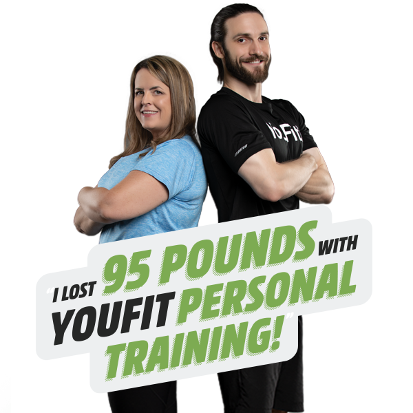 Personal trainer with member stating I lost 95 pounds with YouFit Personal Training!
