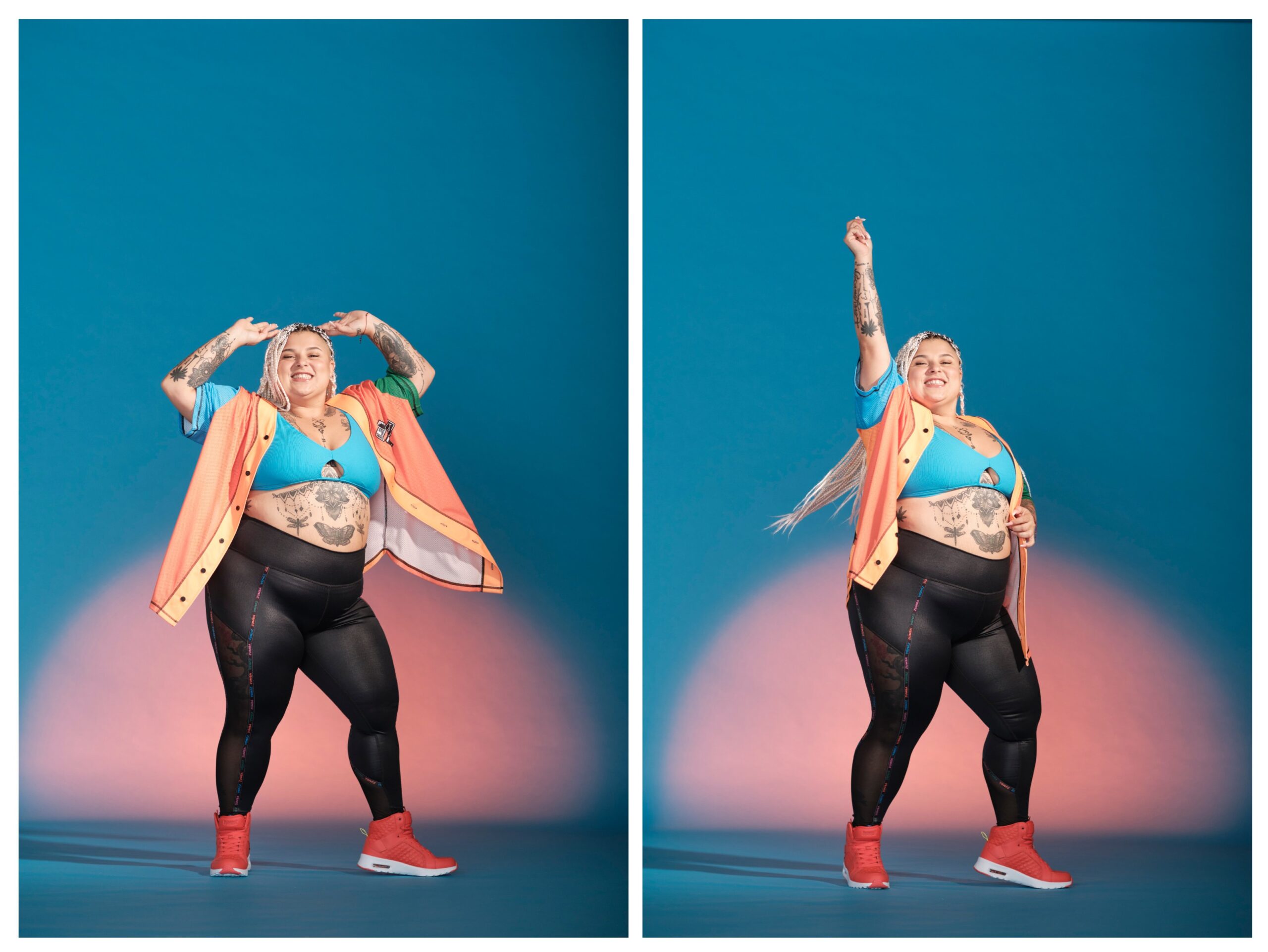 Side-by-side photos of a smiling person with long blonde hair in braids, dressed in a blue sports bra, orange jacket, black leggings, and red sneakers, striking confident zumba-inspired poses against a blue and pink gradient background.